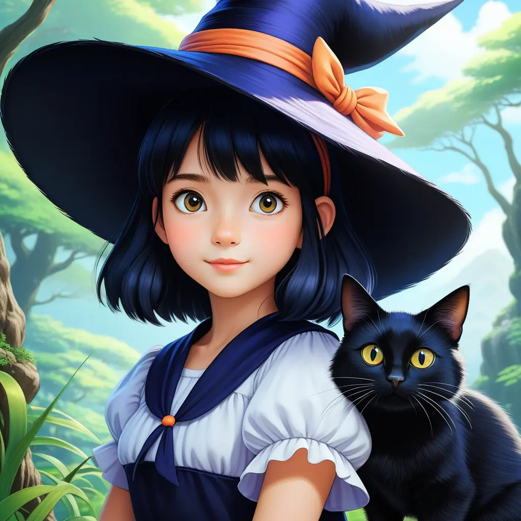 Kiki the witch and Jiji the cat, Highly Detailed, Beautiful, Digital Painting, Anime, Fantasy by Studio Ghibli