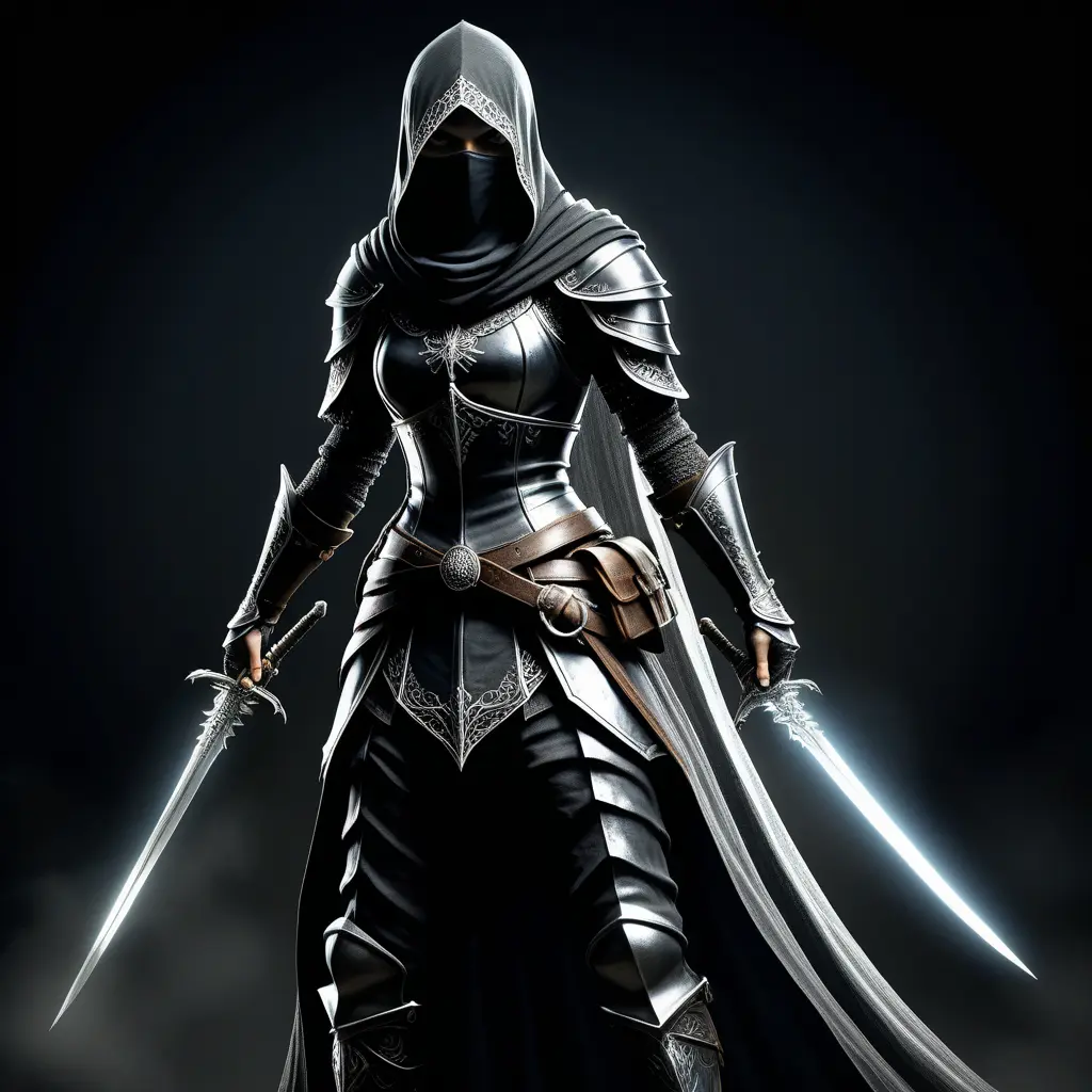 Full body portrait of a Veiled female Assassin with daggers, Highly Detailed, Dark Souls, Volumetric Lighting, Fantasy, Threatening