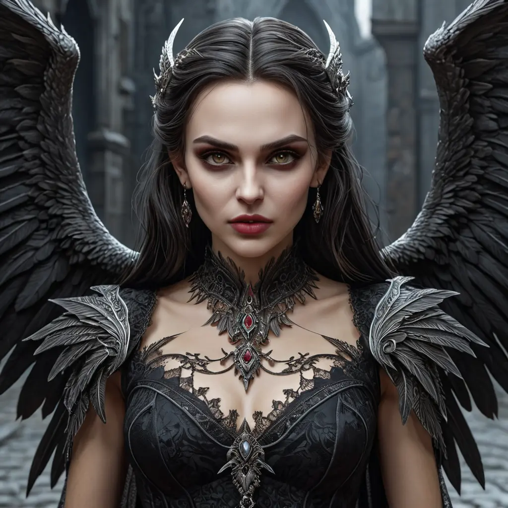 A beautiful winged romanian vampire woman with penetrating eyes, fangs, perfect face, 8k, Hyper Detailed, Intricate Details, Masterpiece, Contemporary, Full Body, Trending on Artstation, Gothic, Deviantart, Concept Art by Stefan Kostic