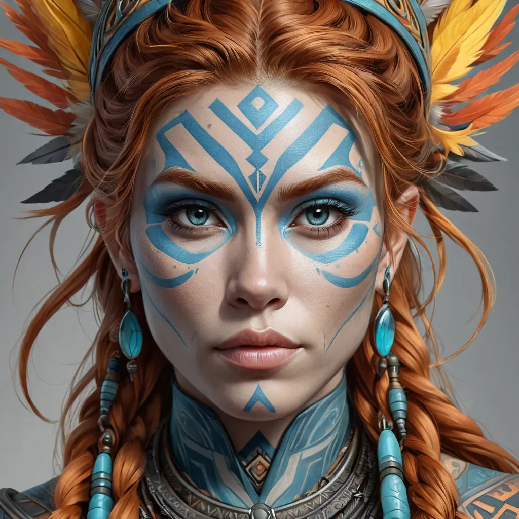 Colorful portrait of a tattooed Aloy with a grey scale face, 4k, Highly Detailed, Hyper Detailed, Powerful, Artstation, Vintage Illustration, Digital Painting, Sharp Focus, Smooth, Concept Art by Stanley Artgerm Lau, Alphonse Mucha, Greg Rutkowski