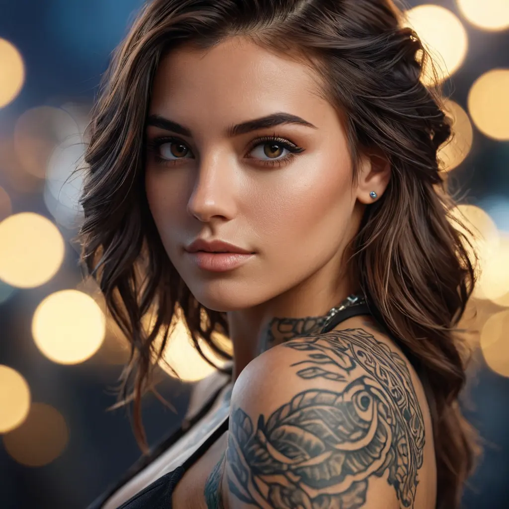 A half body portrait of a beautiful Kassandra with tattoos, Alluring, Half Body, Bokeh effect, Photo Realistic, Sharp Focus, Volumetric Lighting