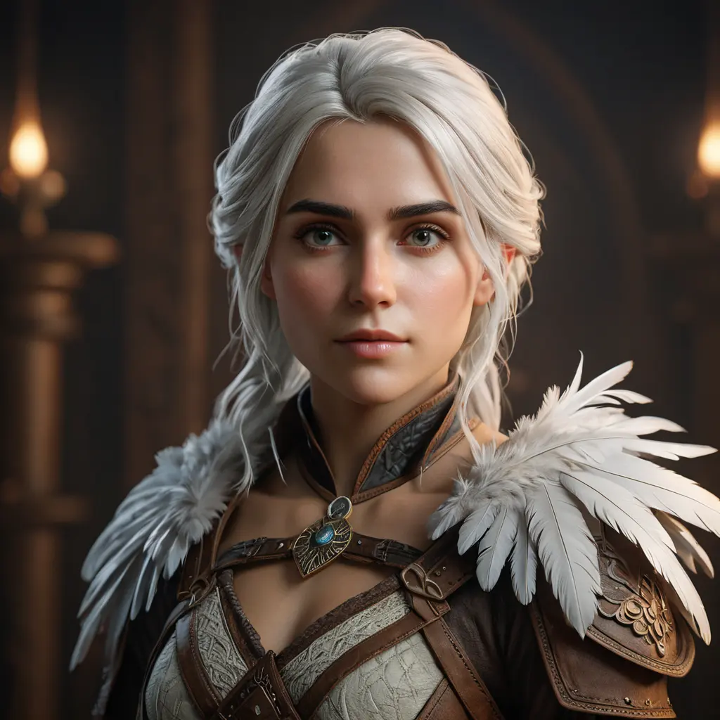 Matte portrait of the beautiful Ciri with feathers, Highly Detailed, Intricate, Realistic, Sharp Focus, Volumetric Lighting, Fantasy, Elegant