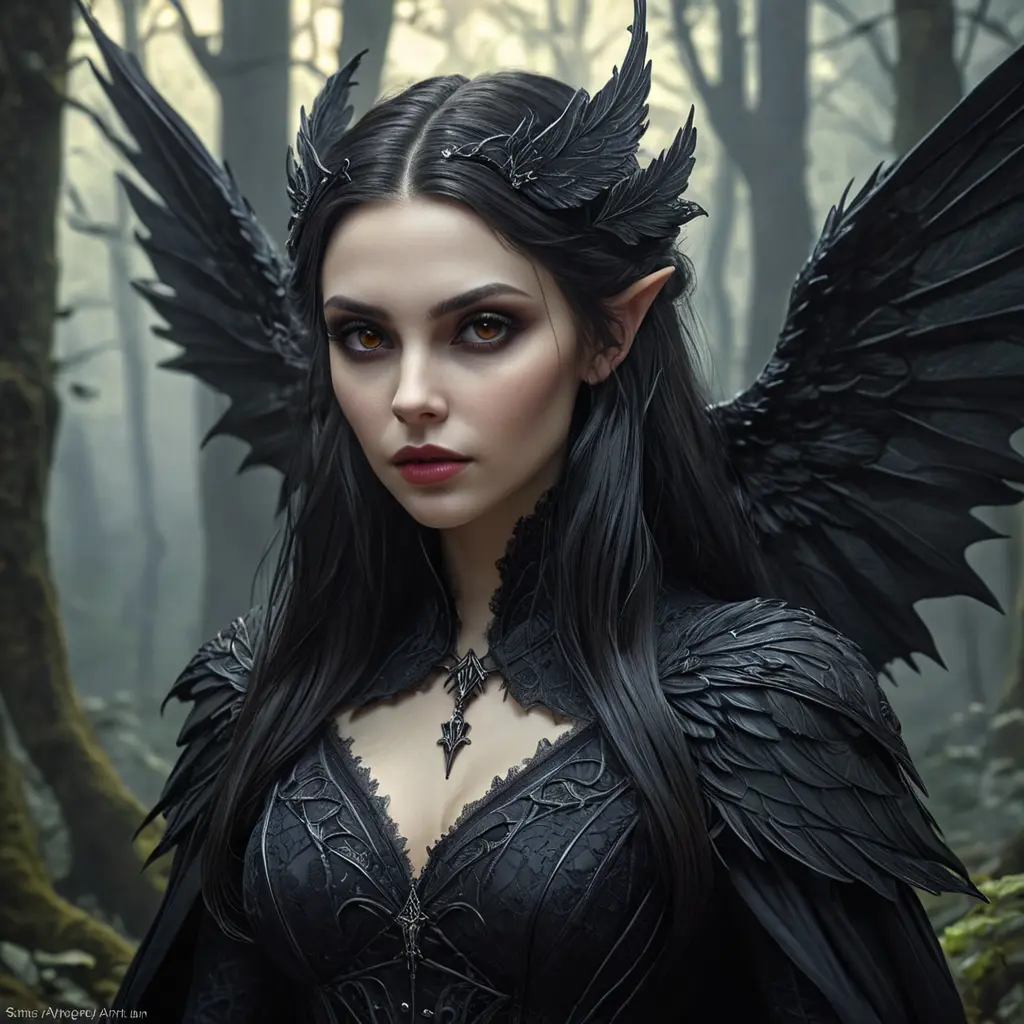 Winged vampiress in a haunted forest, Highly Detailed, Intricate, Gothic, Volumetric Lighting, Fantasy, Dark by Stanley Artgerm Lau