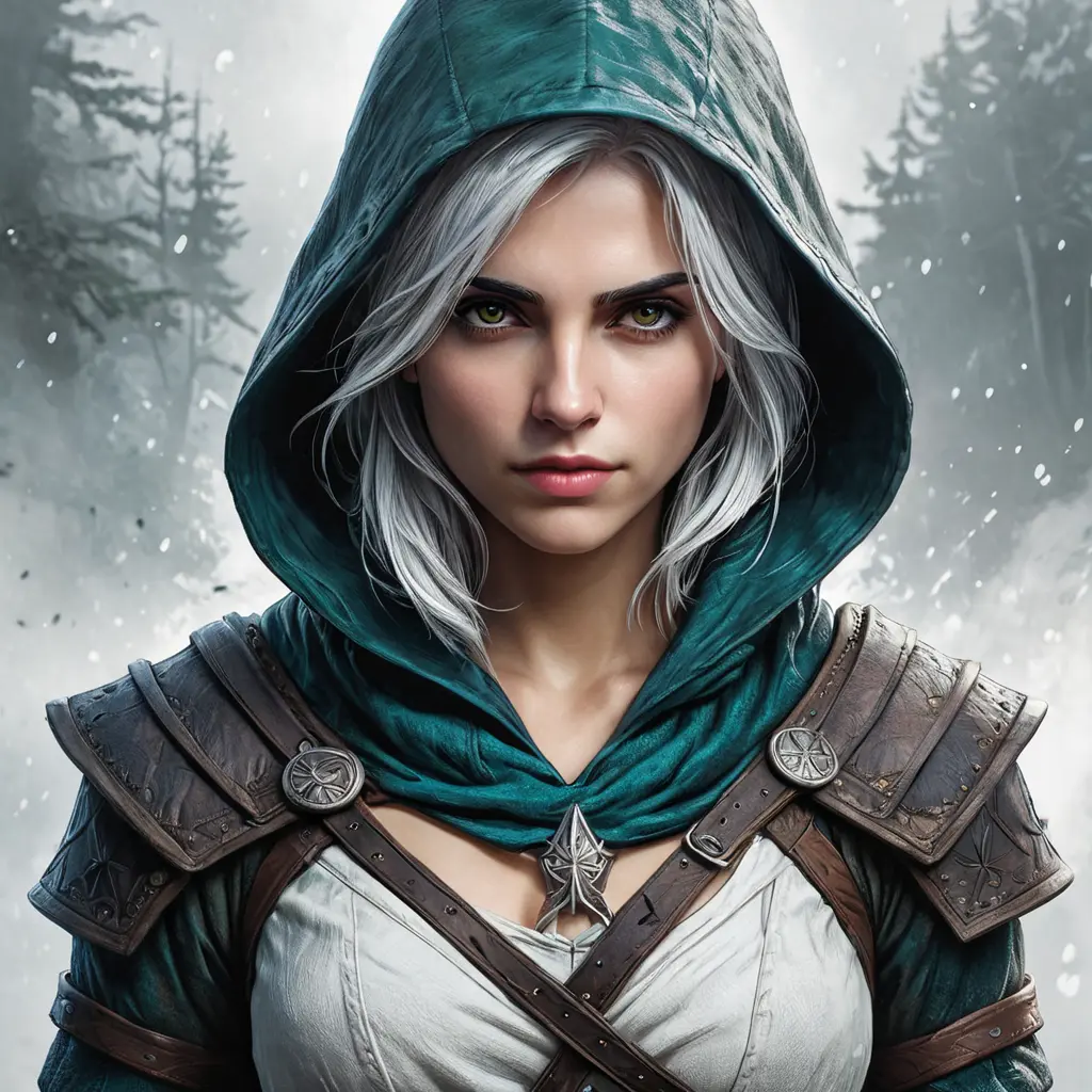 Hooded Ciri from the Witcher emerging from the fog of war, ink splash, Highly Detailed, Vibrant Colors, Ink Art, Fantasy, Dark by Stanley Artgerm Lau