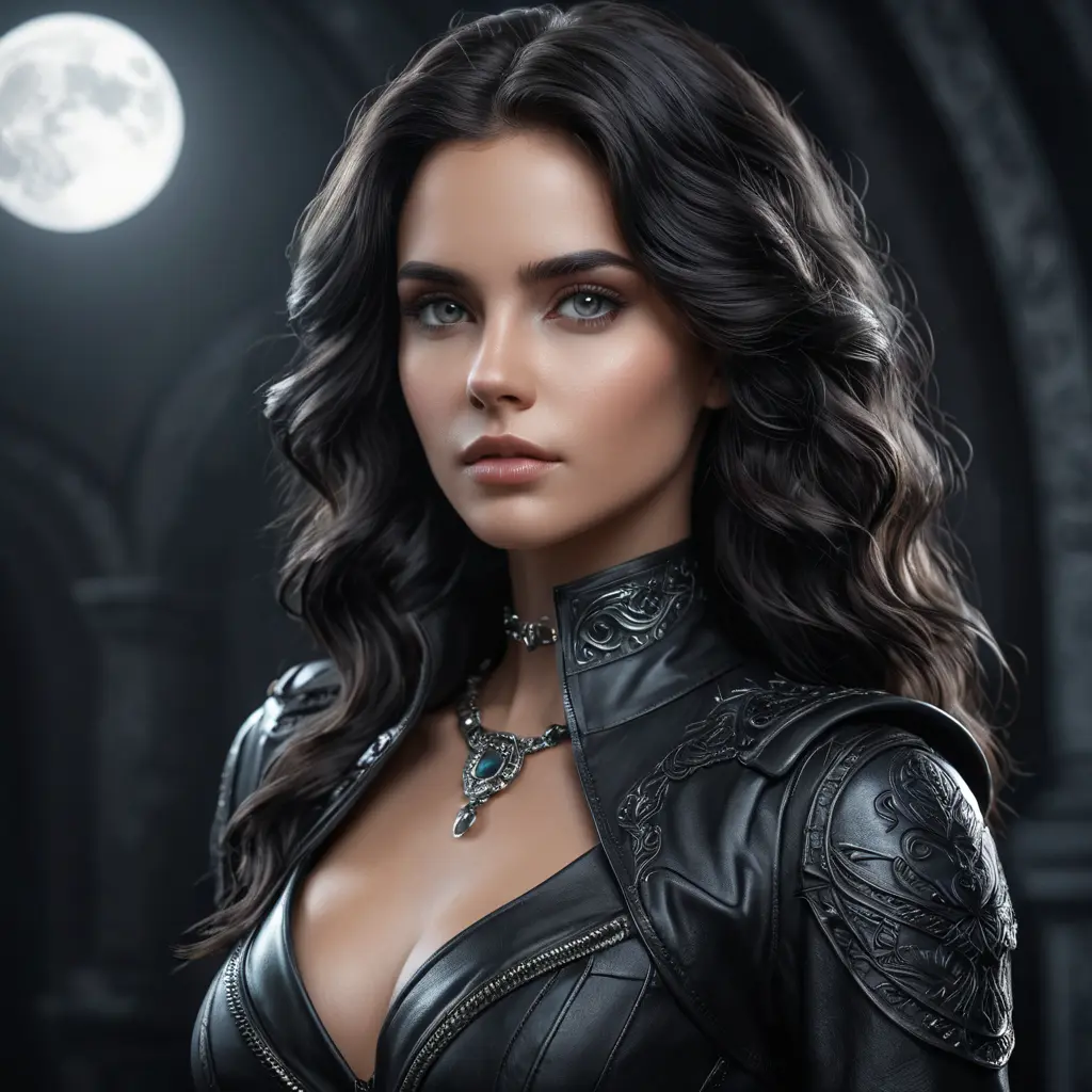 Alluring matte portrait of the beautiful goddess Selene in black leather, Highly Detailed, Intricate, Realistic, Sharp Focus, Volumetric Lighting, Fantasy, Elegant