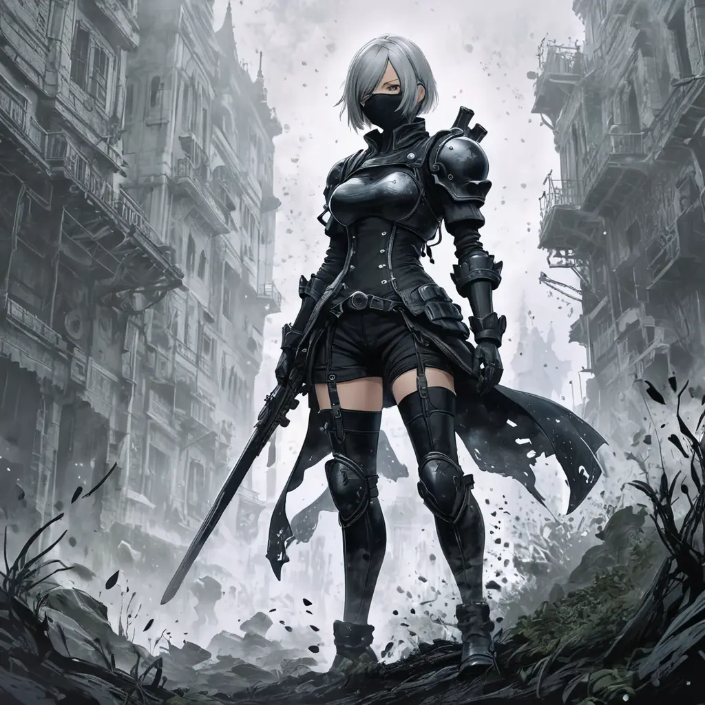 Silhouette of Nier Automata emerging from the fog of war, ink splash, Highly Detailed, Vibrant Colors, Ink Art, Fantasy, Dark by Stanley Artgerm Lau