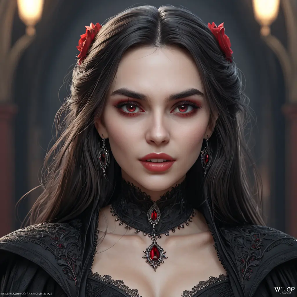 A beautiful romanian vampire woman with penetrating red bright eyes, long fangs, perfect face, 8k, Hyper Detailed, Intricate Details, Masterpiece, Contemporary, Full Body, Trending on Artstation, Gothic, Deviantart, Concept Art by WLOP