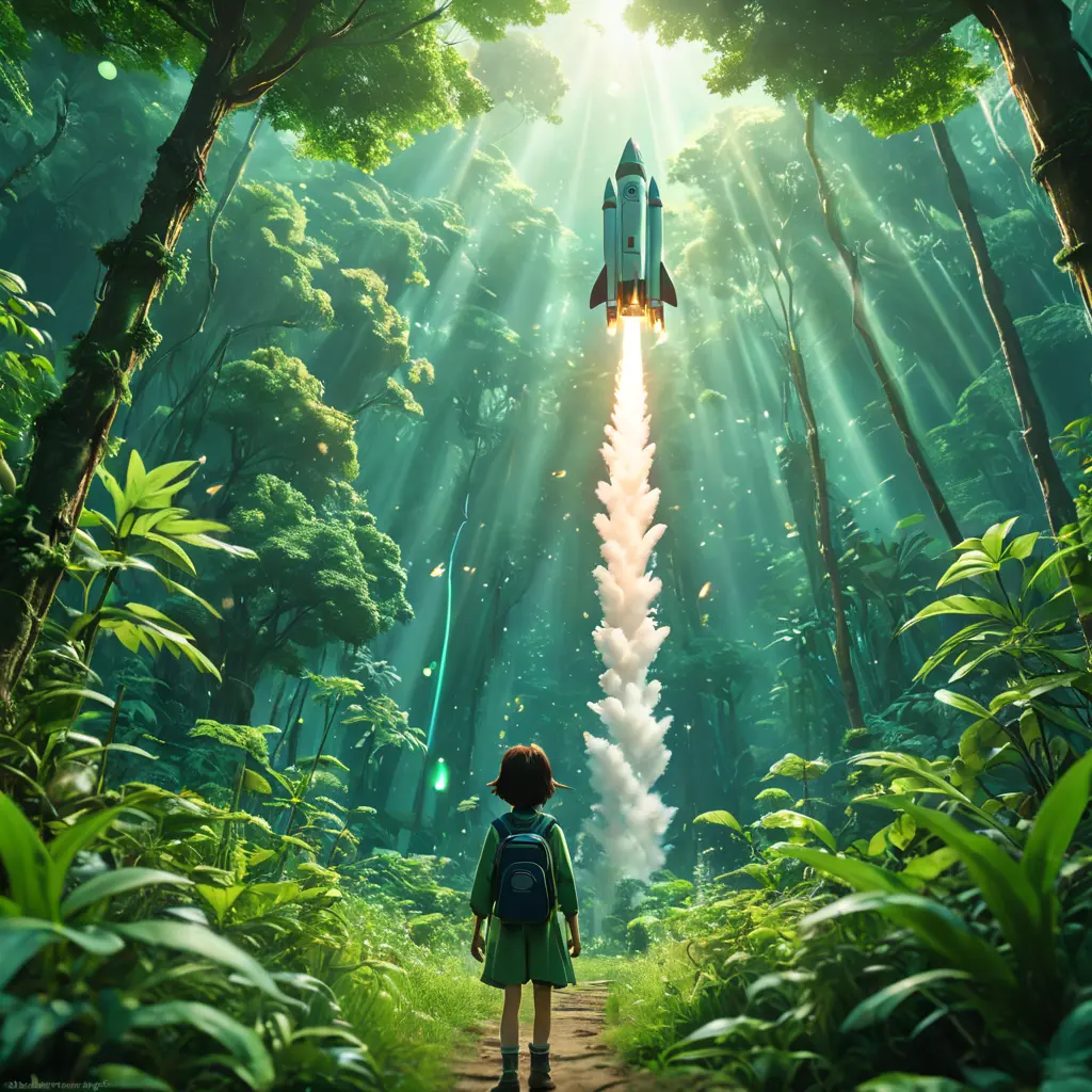 Studio ghibli, rocket explosion, jungle, solar, green technology, optimist future, 8k, Bokeh effect, Cinematic Lighting, Iridescence, Vibrant by Greg Rutkowski, WLOP