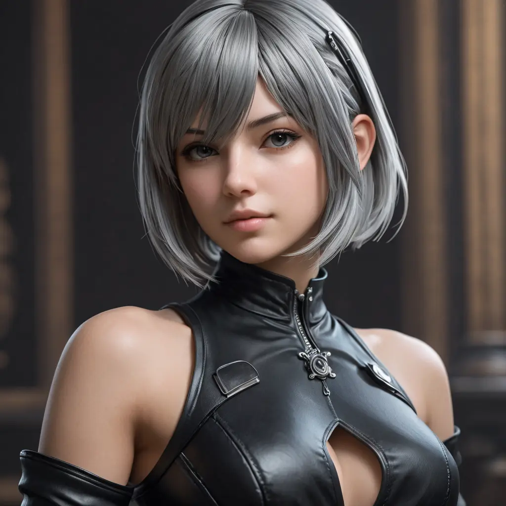 Alluring matte portrait of a beautiful A2 from Nier Automata wearing black leather, 8k, Highly Detailed, Intricate, Half Body, Realistic, Sharp Focus, Volumetric Lighting, Fantasy, Elegant by Stanley Artgerm Lau, WLOP