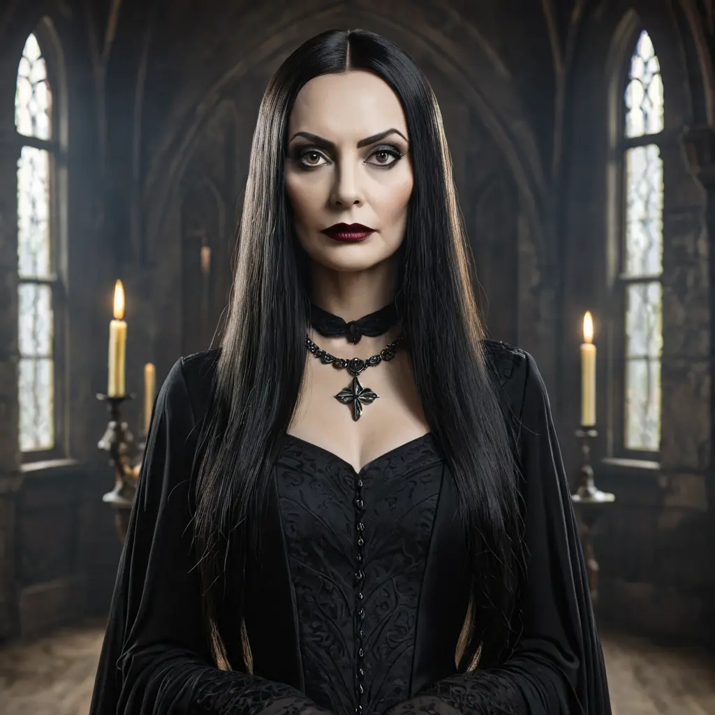 American Gothic Morticia Addams, Gothic and Fantasy, Half Body, Portrait, Threatening