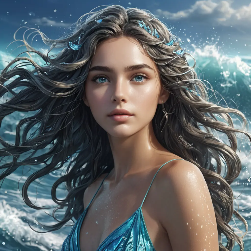 "magical ocean goddess", water, spray, waves, flowing hair, head and shoulders portrait, finely drawn eyes, 8k, Fantasy