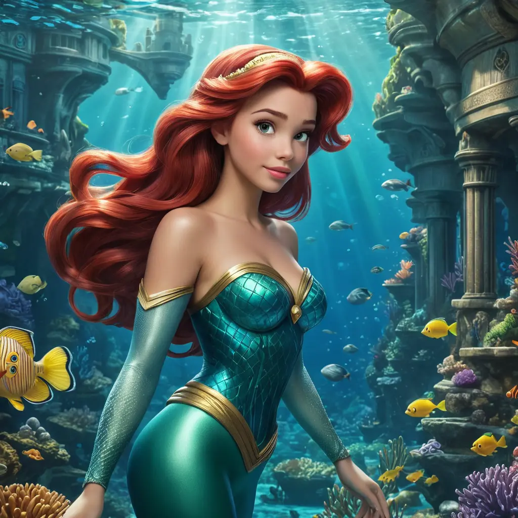 Matte portrait of Disney's Ariel in the under water city of Atlantis, Ultra Detailed, Half Body, Beautiful, Matte Painting, Sharp Focus, Portrait, Fantasy by Stanley Artgerm Lau