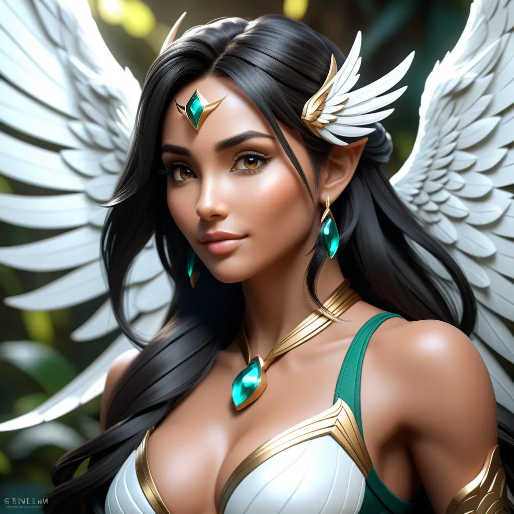 Alluring matte portrait of a beautiful Nidalee with wings, 8k, Highly Detailed, Intricate, Half Body, Realistic, Sharp Focus, Volumetric Lighting, Fantasy, Elegant by Stanley Artgerm Lau, WLOP