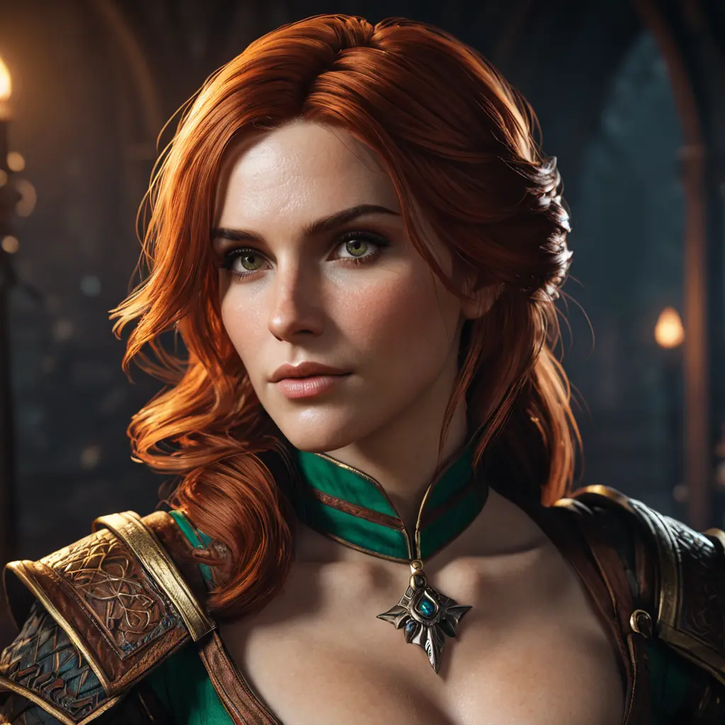 Alluring Triss Merigold as a rouge mage in The Witcher 3 Style, 4k, Highly Detailed, Beautiful, Cinematic Lighting, Sharp Focus, Volumetric Lighting, Closeup Portrait, Concept Art