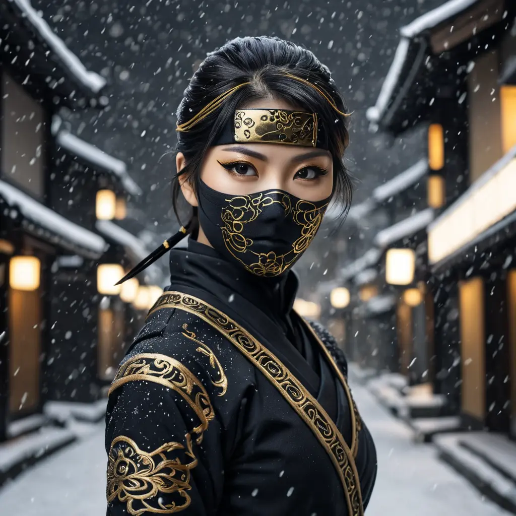 Matte portrait of a mysterious beautiful kunoichi ninja in black and gold wearing eyeliner in the streets of a dark snowy town in tokyo, fluid motion, Intricate, Half Body, Realistic, Sharp Focus, Volumetric Lighting, Elegant by Stefan Kostic