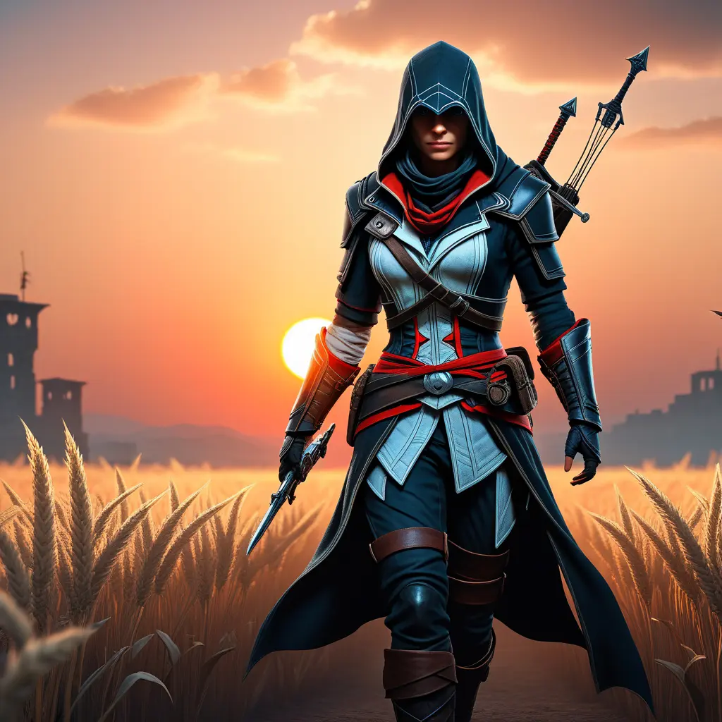 Female assassin creed emerging from a batte field. Sky is colored by a red sun set., Dystopian, Trending on Artstation, Volumetric Lighting by Stefan Kostic