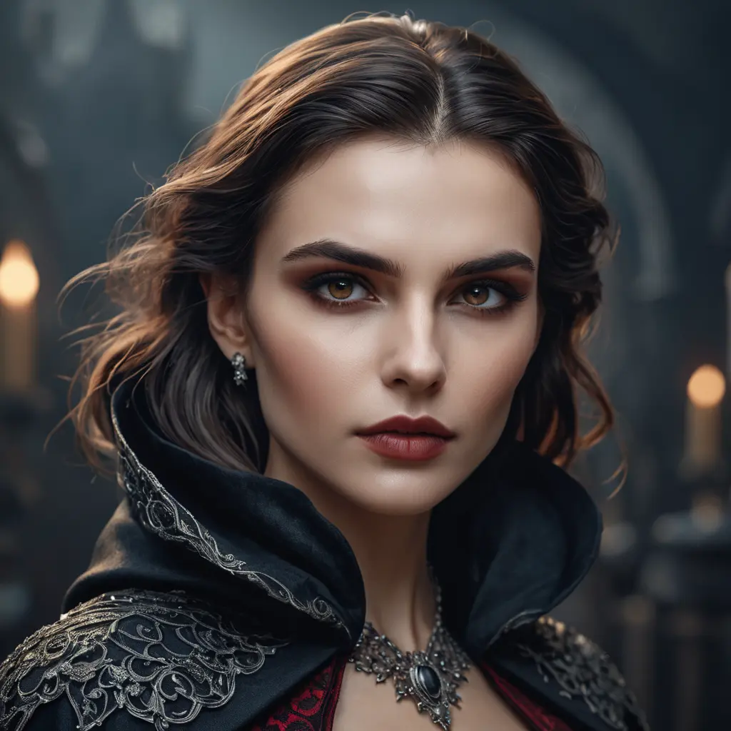 Alluring highly detailed matte portrait of a beautiful caped vampire in the style of Stefan Kostic, 8k, High Definition, Highly Detailed, Intricate, Half Body, Realistic, Sharp Focus, Fantasy, Elegant