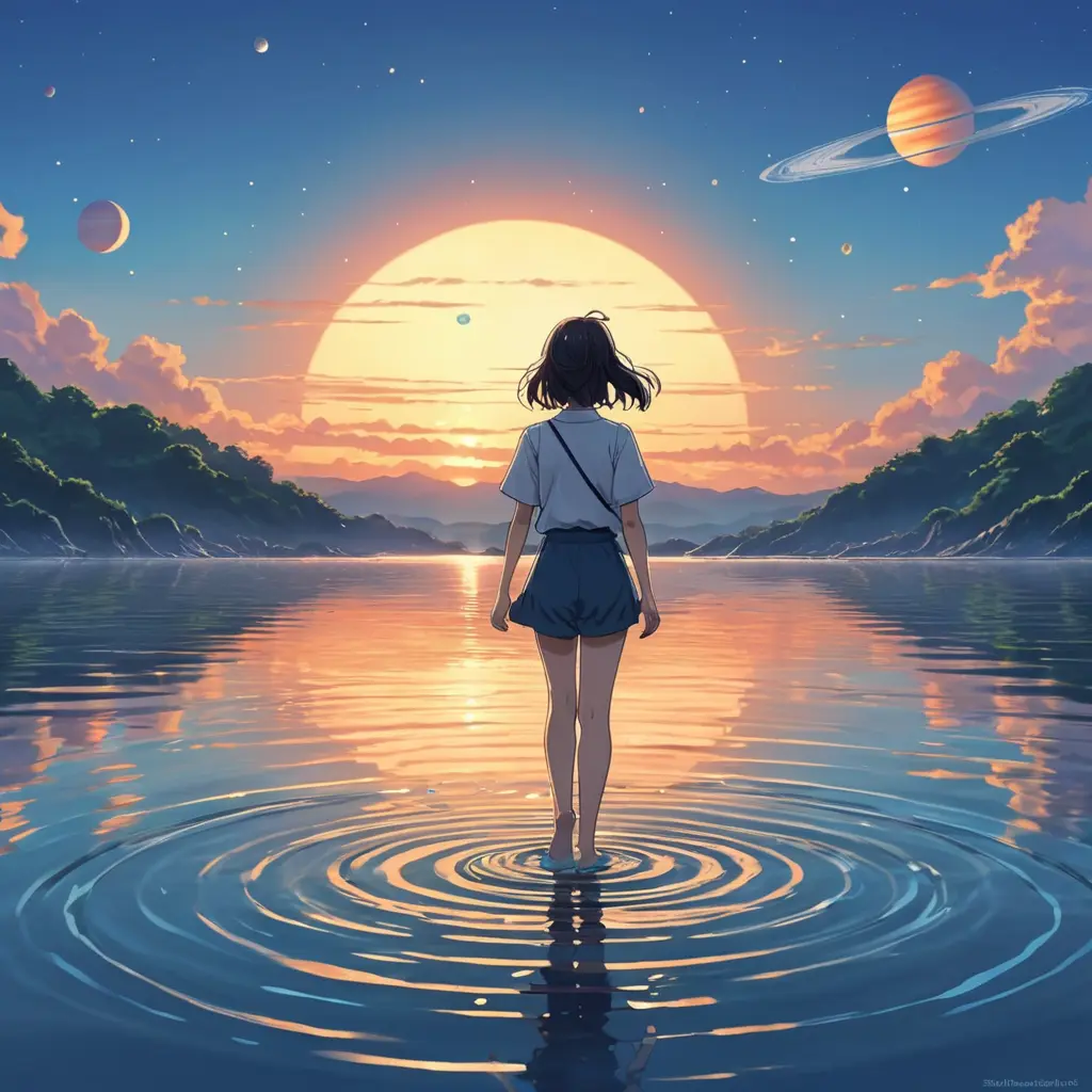 Anime girl walking on water, ripples, backdrop of dawn, saturn in the background, Highly Detailed, Beautiful, Digital Painting, Anime, Fantasy by Studio Ghibli