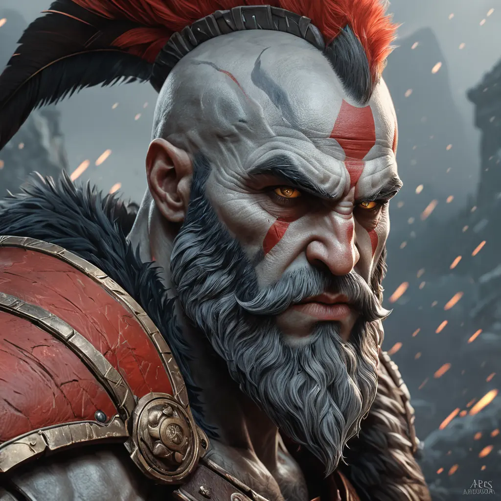 Matte portrait of a fierce Ares, god of war, 4k, Highly Detailed, Hyper Detailed, Powerful, Artstation, Vintage Illustration, Digital Painting, Sharp Focus, Smooth, Concept Art by Stanley Artgerm Lau, Greg Rutkowski