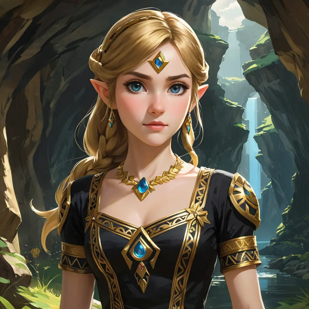 Portrait of Zelda in a black and gold dress, stunning beautiful artwork, Breath of the Wild, in a cave, Anime, Maximalism by Stanley Artgerm Lau