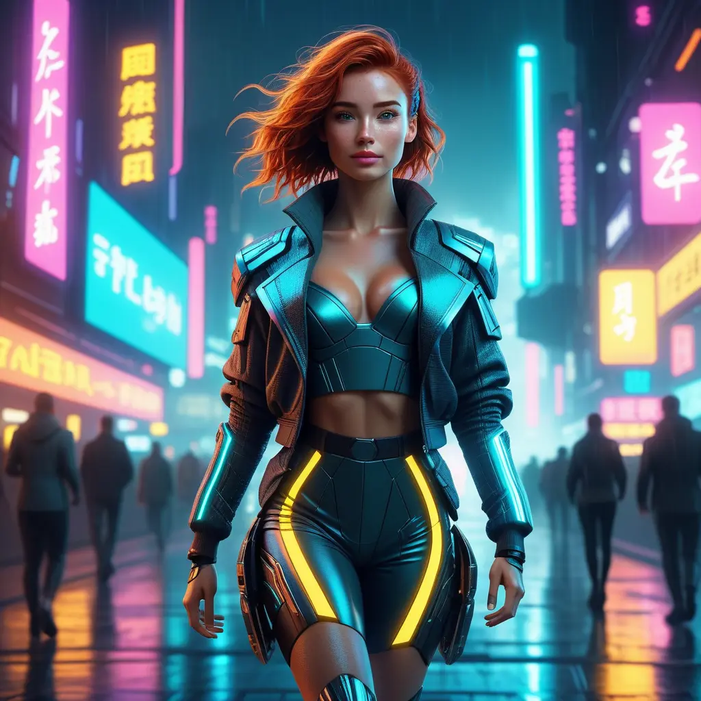 full body shot, beautiful woman walking with beatiful and detailed eyes, dynamic pose, slightly athletic beatiful body, detailed attire, Hyper Detailed, Intricate Artwork, Masterpiece, Cybernatic and Sci-Fi, Cyberpunk, Freckles, Full Lips, Red Hair, Smiling, Digital Illustration, Cityscape, Blade Runner 2049, Neon light effect, Realistic, Sharp Focus, Wide Angle, Neon, Dripping Colors, Matte, Futurism, Artwork, Dieselpunk, Colorful, Dynamic, Elegant, Expressive, Graceful, Hot, Gloomy, Sad, Stormy, Terrifying, Tired