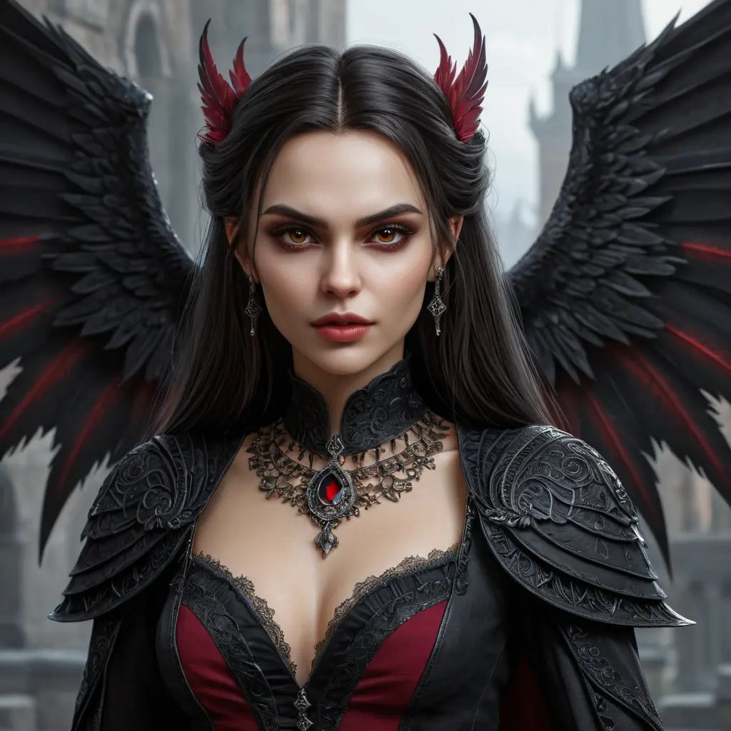 A beautiful winged romanian vampire woman with penetrating eyes, fangs, perfect face, 8k, Hyper Detailed, Intricate Details, Masterpiece, Contemporary, Full Body, Trending on Artstation, Gothic, Deviantart, Concept Art by Stefan Kostic