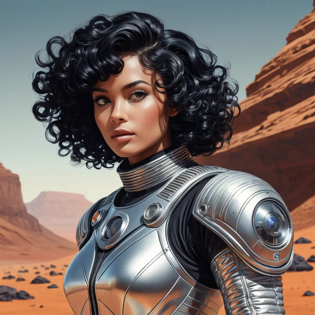 A retro-futuristic illustration of a woman with curly black hair and dark features, wearing a stylish silver spacesuit, exploring Mars' surface, Highly Detailed, Intricate, Half Body, Realistic