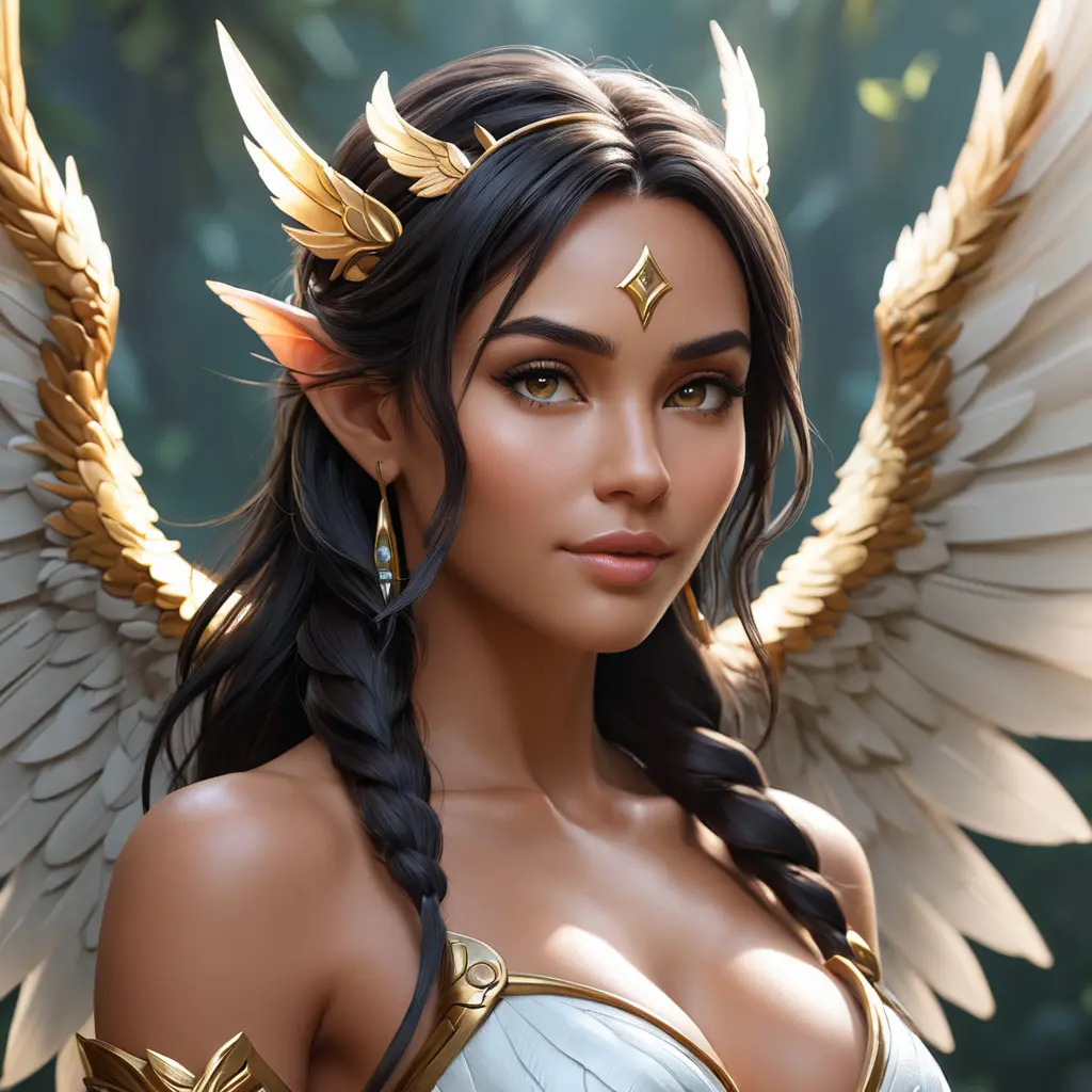 Alluring matte portrait of a beautiful Nidalee with wings, 8k, Highly Detailed, Intricate, Half Body, Realistic, Sharp Focus, Volumetric Lighting, Fantasy, Elegant by Stanley Artgerm Lau, WLOP