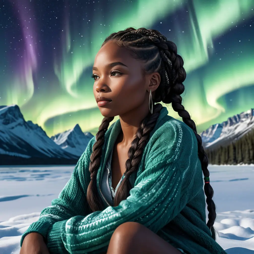 A detailed digital art of a woman with African features and beautiful braided hairstyle, sitting under the Northern Lights, surrounded by snowy landscapes, Highly Detailed, Intricate, Half Body, Realistic