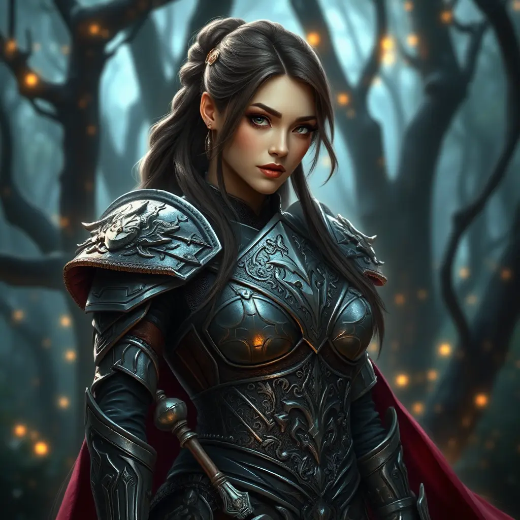 A majestic warrior woman in ornate armor, standing in a mystical forest, her piercing eyes reflecting confidence and strength, surrounded by ethereal glowing lights and ancient trees., Highly Detailed, Half Body, Gorgeous, Stunning, Elegant by Stanley Artgerm Lau