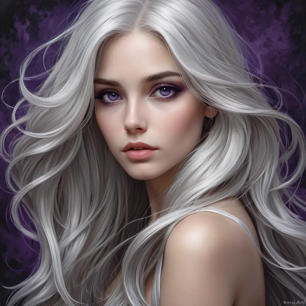 A hauntingly beautiful woman with long, flowing silver hair, deep violet eyes, and a melancholic expression, radiating mystery and allure, Highly Detailed, Half Body, Gorgeous, Stunning, Elegant by Stanley Artgerm Lau