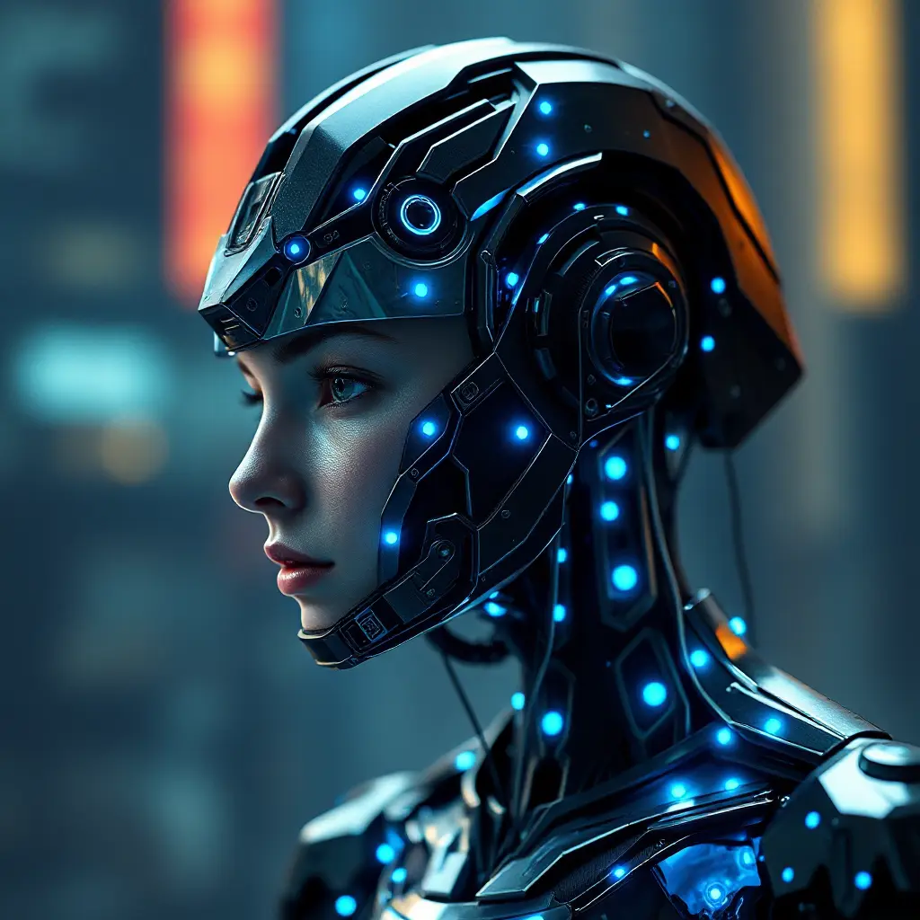 a futuristic cyborg with glowing blue circuitry and sharp, angular features, staring intently into the distance, Highly Detailed, Half Body, Gorgeous, Stunning, Elegant by Stanley Artgerm Lau