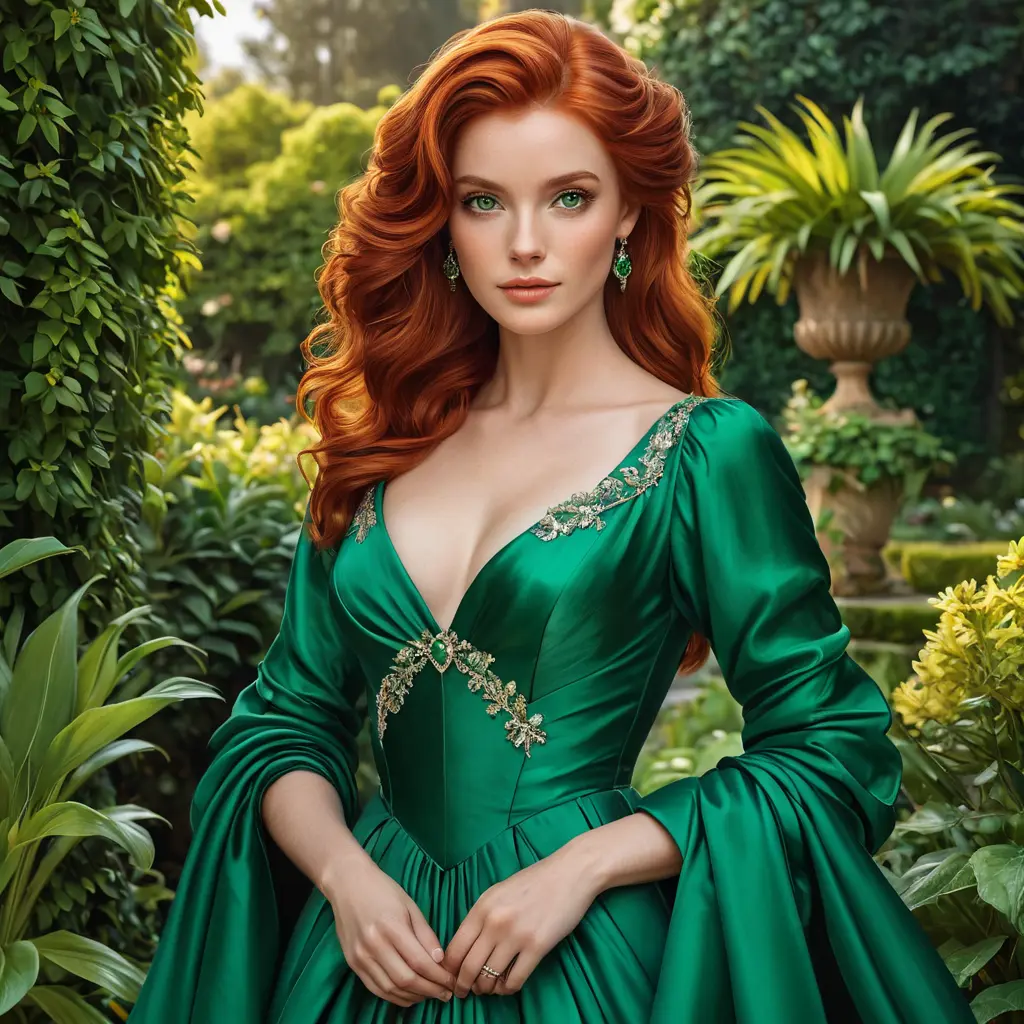 A vibrant Renaissance-style portrait of a woman with fiery red hair and emerald green eyes, wearing an elegant silk gown, set against a lush garden backdrop., Highly Detailed, Half Body, Gorgeous, Stunning, Elegant by Stanley Artgerm Lau