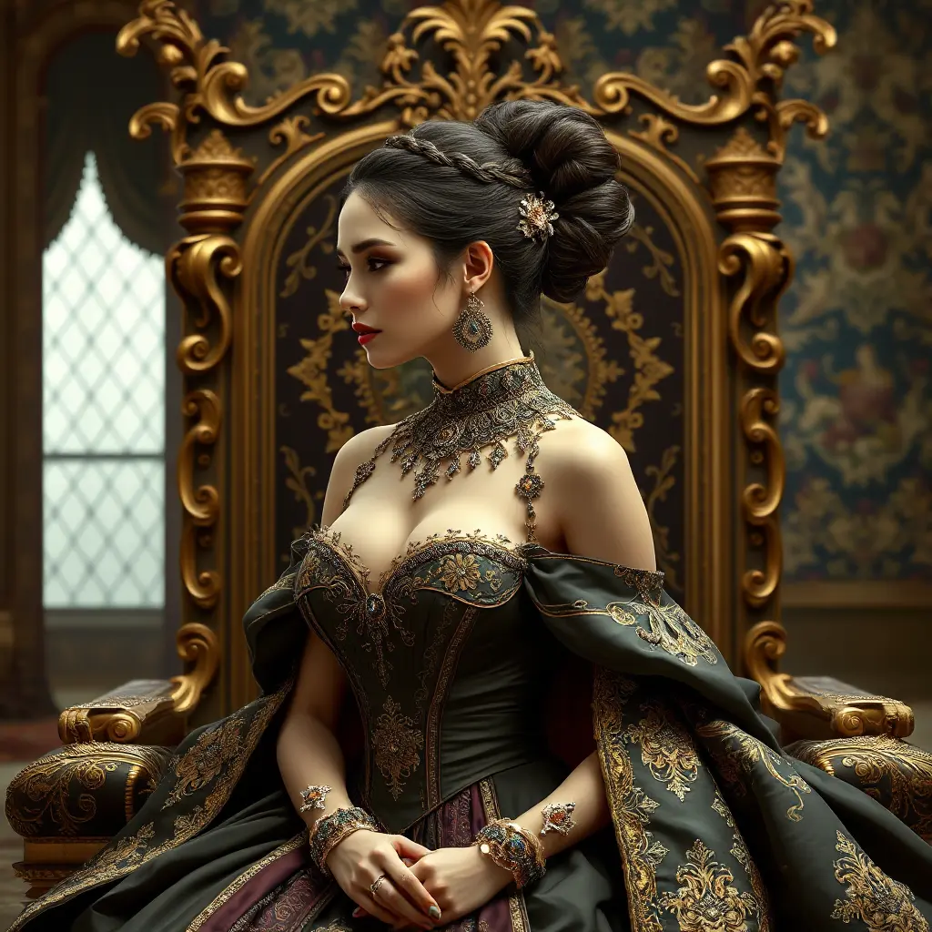 A regal woman with braided updo, wearing an elaborate gown fit for a queen, with gold filigree and rich, deep satin textures, in a grand throne room adorned with tapestries, Highly Detailed, Half Body, Gorgeous, Stunning, Elegant by Stanley Artgerm Lau