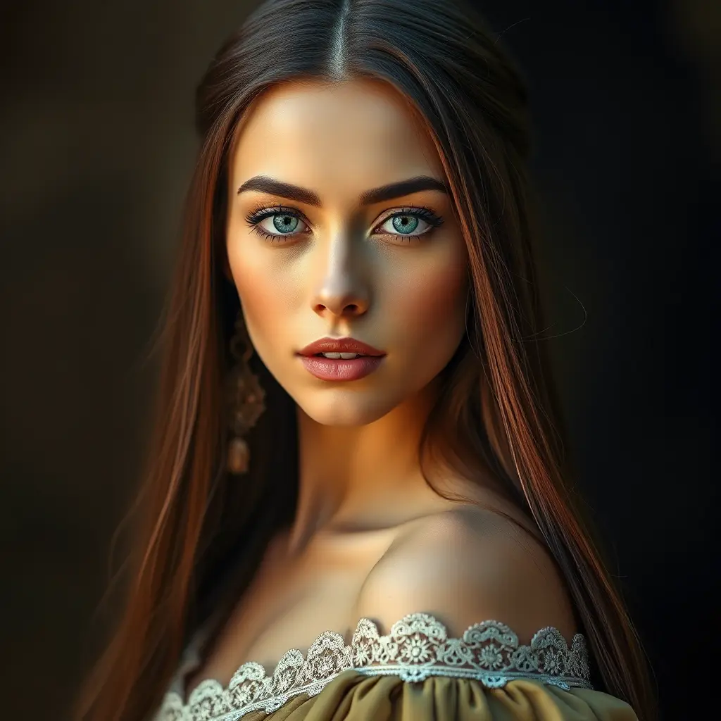 A gorgeous woman inspired by the Renaissance era, with long, straight brown hair and piercing blue eyes, Highly Detailed, Half Body, Gorgeous, Stunning, Elegant