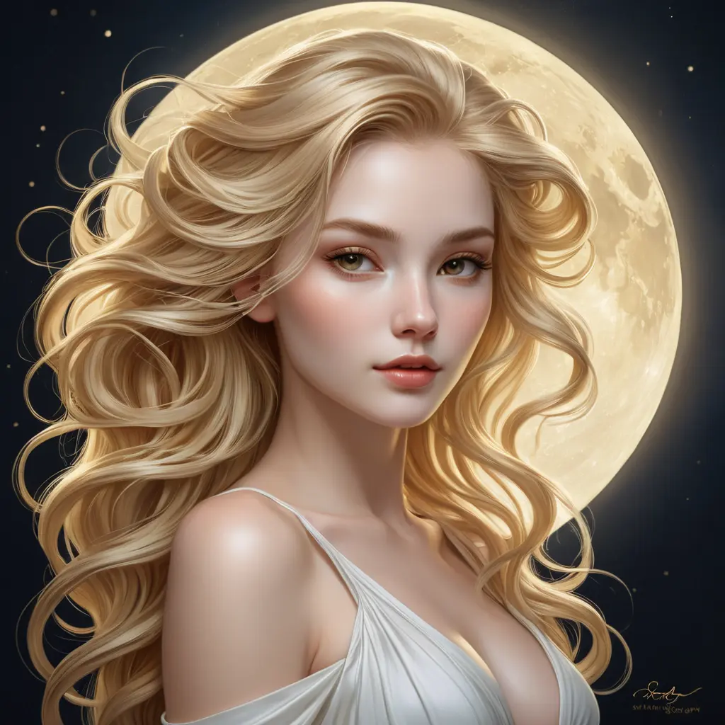 An ethereal woman with porcelain skin and cascading golden locks, illuminated by the soft glow of a full moon, Highly Detailed, Half Body, Gorgeous, Stunning, Elegant by Stanley Artgerm Lau