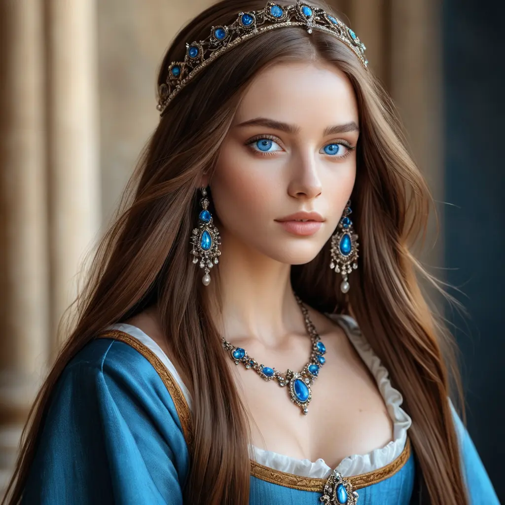 A gorgeous woman inspired by the Renaissance era, with long, straight brown hair and piercing blue eyes, Highly Detailed, Half Body, Gorgeous, Stunning, Elegant