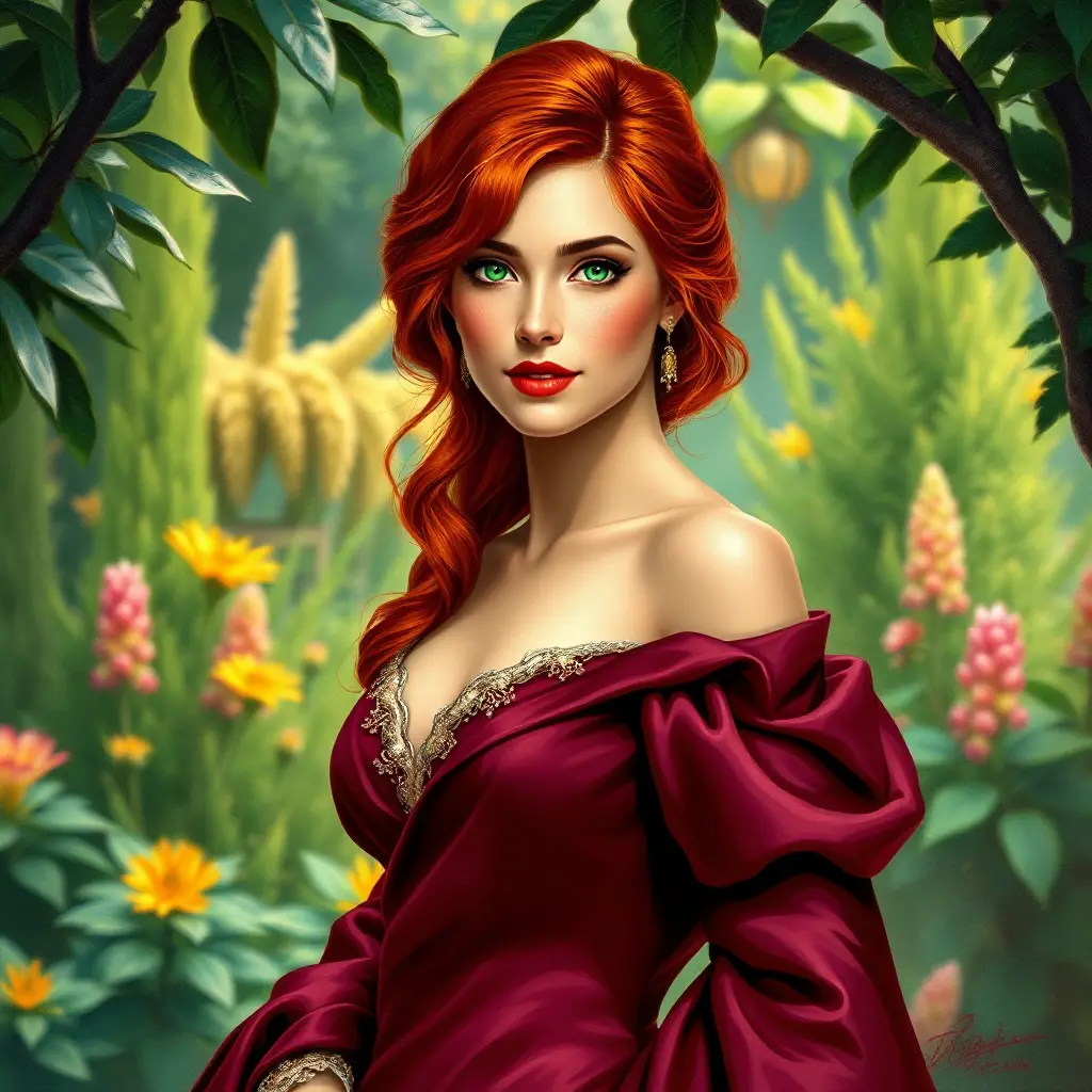 A vibrant Renaissance-style portrait of a woman with fiery red hair and emerald green eyes, wearing an elegant silk gown, set against a lush garden backdrop., Highly Detailed, Half Body, Gorgeous, Stunning, Elegant by Stanley Artgerm Lau