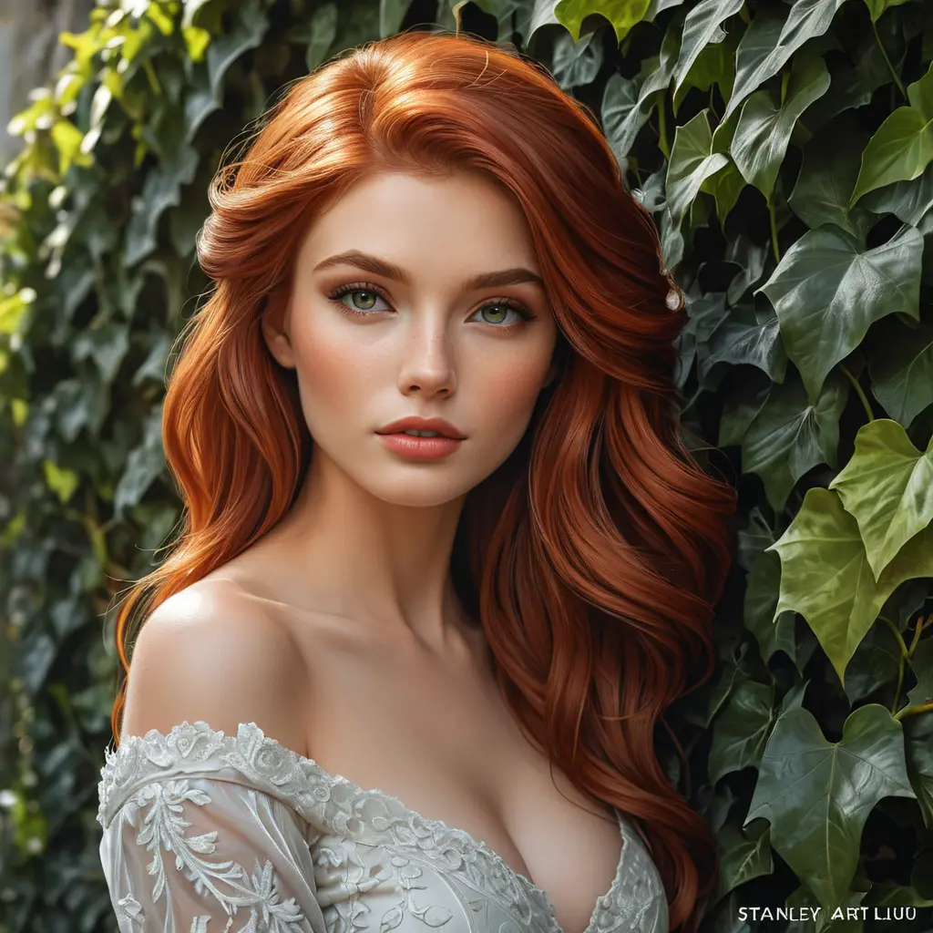 A bewitching beauty with sharp features and fiery red hair, leaning against an ancient, ivy-covered wall, Highly Detailed, Half Body, Gorgeous, Stunning, Elegant by Stanley Artgerm Lau