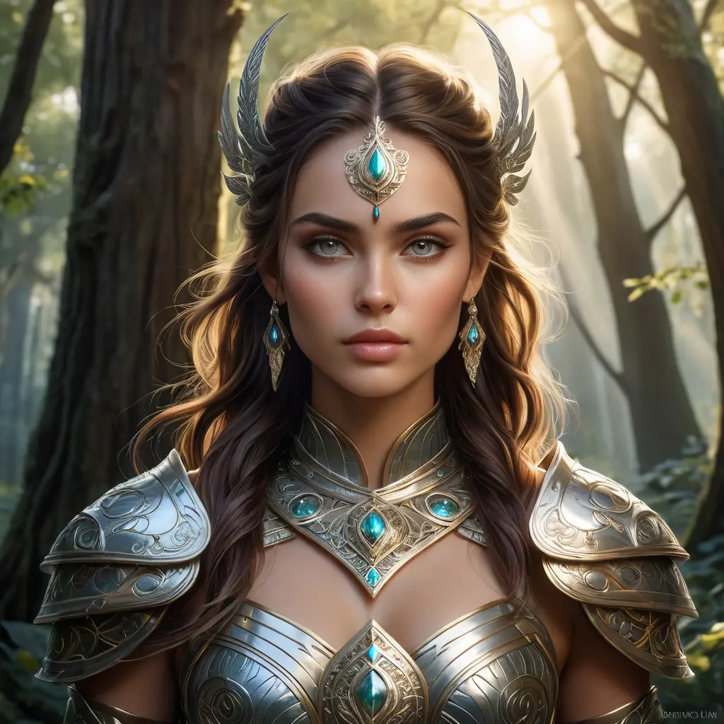 A majestic warrior woman in ornate armor, standing in a mystical forest, her piercing eyes reflecting confidence and strength, surrounded by ethereal glowing lights and ancient trees., Highly Detailed, Half Body, Gorgeous, Stunning, Elegant by Stanley Artgerm Lau