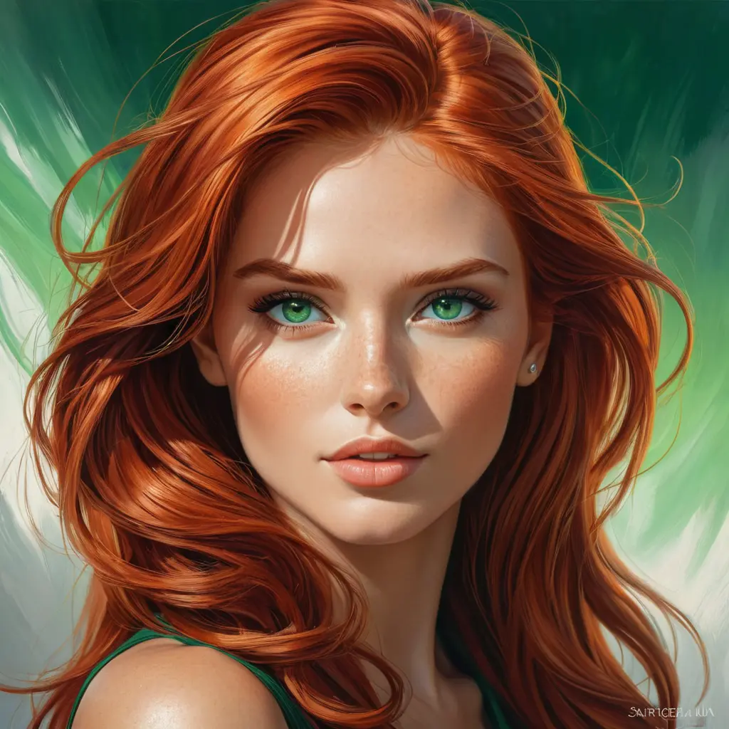 A vibrantly beautiful woman with fiery red hair, emerald green eyes, and a passionate expression, radiating energy and intensity, Highly Detailed, Half Body, Gorgeous, Stunning, Elegant by Stanley Artgerm Lau