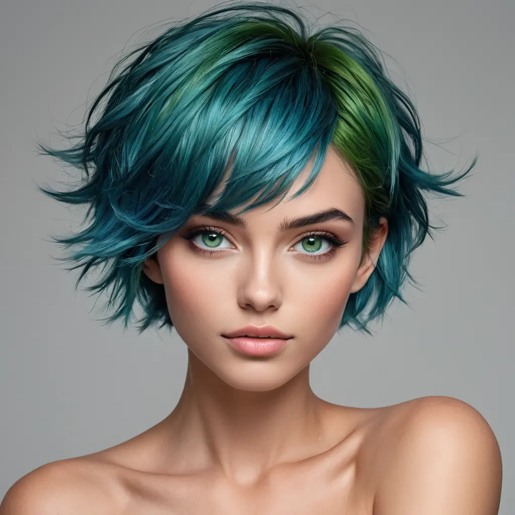 A uniquely beautiful woman with short, choppy blue hair, vibrant green eyes, and a bold, unconventional style, radiating individuality and confidence, Highly Detailed, Half Body, Gorgeous, Stunning, Elegant by Stanley Artgerm Lau