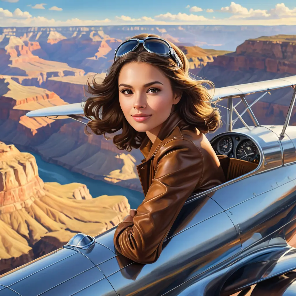 A confident woman piloting a vintage airplane over the Grand Canyon, Highly Detailed, Half Body, Gorgeous, Stunning, Elegant by Stanley Artgerm Lau