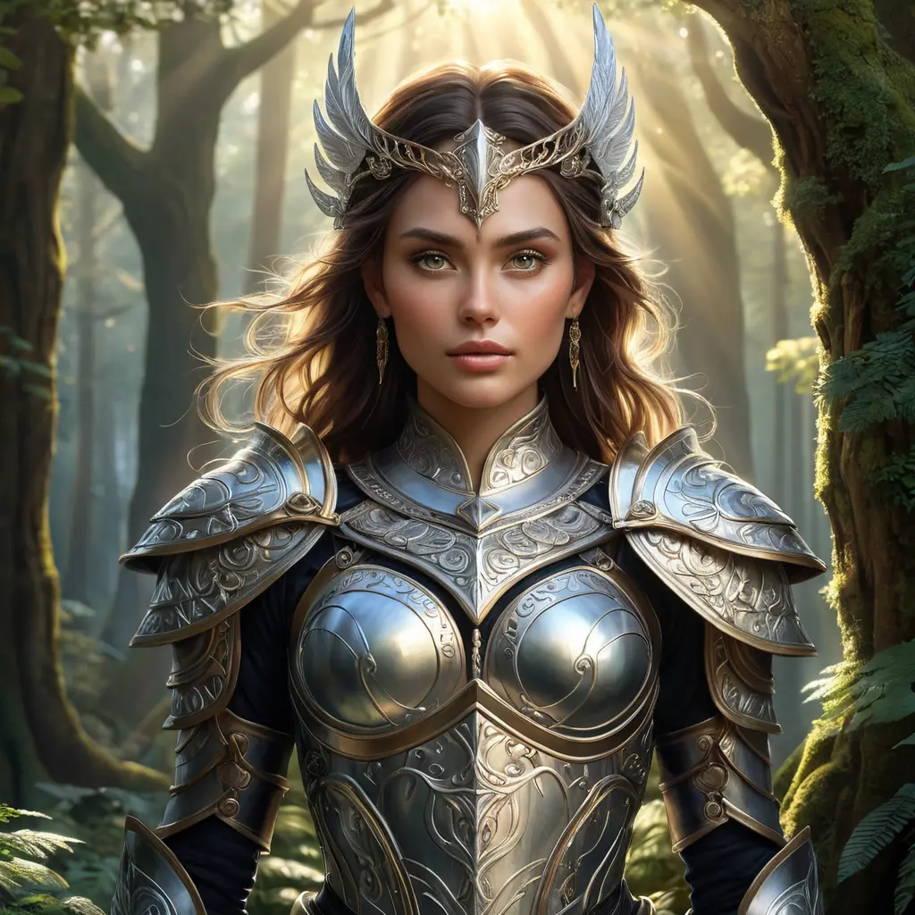 A majestic warrior woman in ornate armor, standing in a mystical forest, her piercing eyes reflecting confidence and strength, surrounded by ethereal glowing lights and ancient trees., Highly Detailed, Half Body, Gorgeous, Stunning, Elegant by Stanley Artgerm Lau