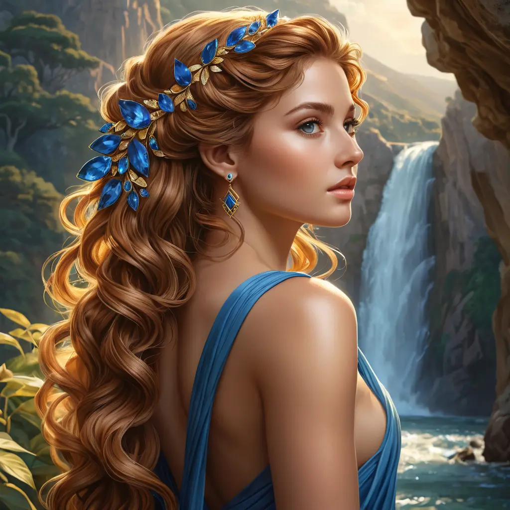 A radiant goddess from ancient Greece, adorned with golden laurels and sapphires, her tawny tresses cascading down her back like a waterfall., Highly Detailed, Half Body, Gorgeous, Stunning, Elegant by Stanley Artgerm Lau