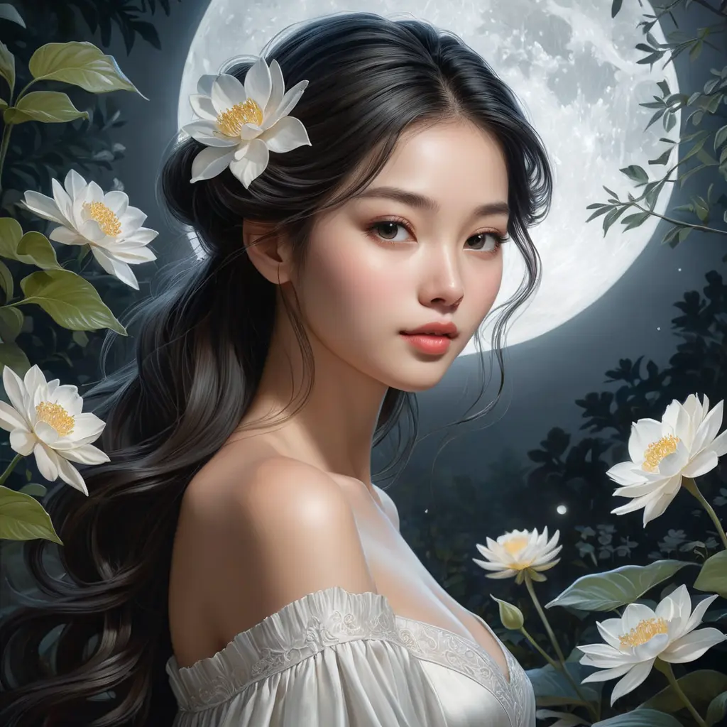 A serene and ethereal woman with delicate, petal-like features, amidst a moonlit garden, Highly Detailed, Half Body, Gorgeous, Stunning, Elegant by Stanley Artgerm Lau