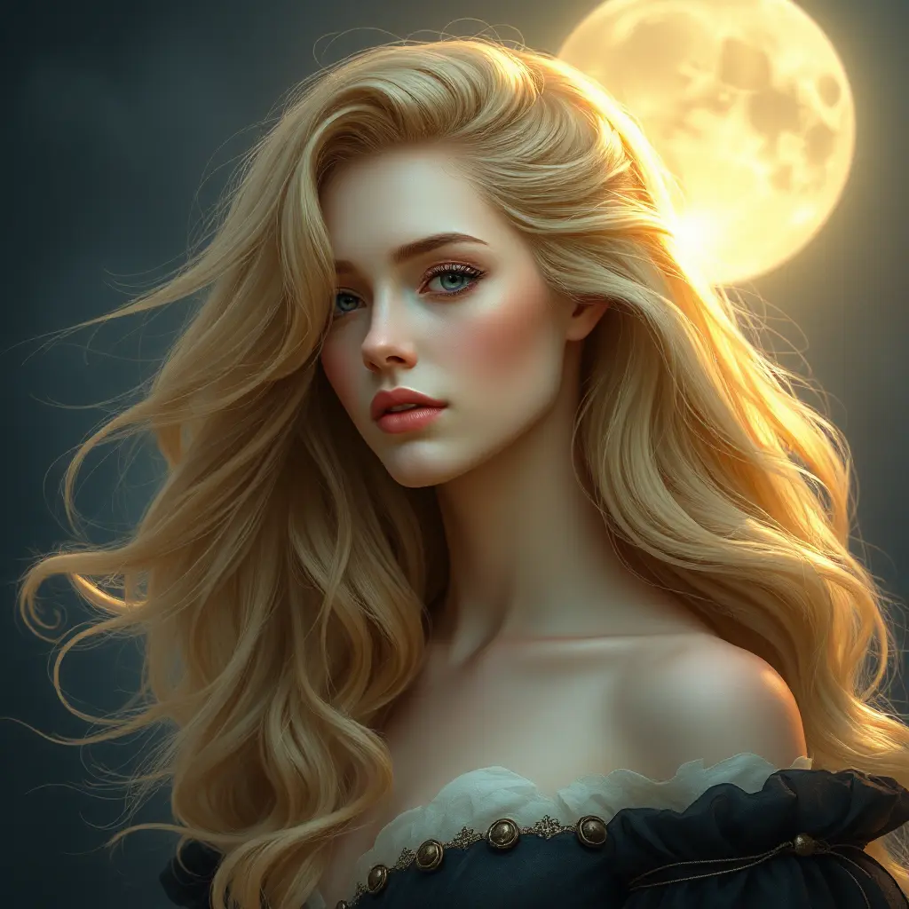 An ethereal woman with porcelain skin and cascading golden locks, illuminated by the soft glow of a full moon, Highly Detailed, Half Body, Gorgeous, Stunning, Elegant by Stanley Artgerm Lau