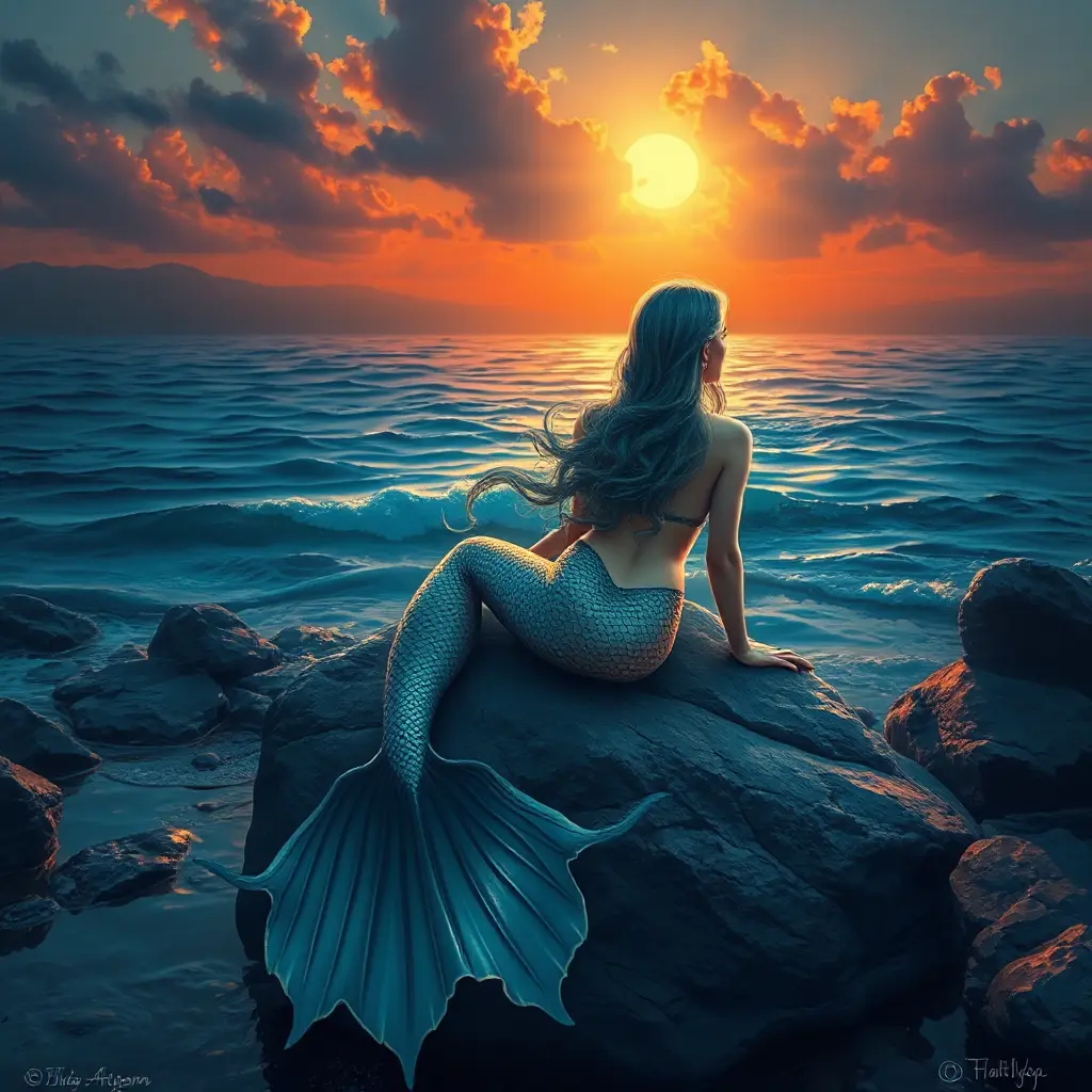 A mystical mermaid sitting on a rock by the shore at sunset, Highly Detailed, Half Body, Gorgeous, Stunning, Elegant by Stanley Artgerm Lau