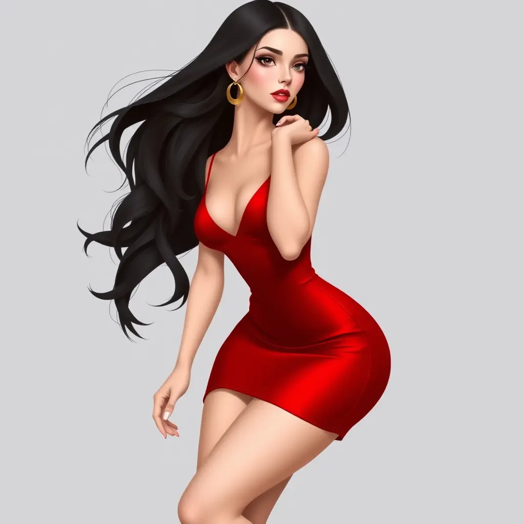 A gorgeous woman with porcelain skin and raven-black hair, wearing a fitted red dress and high heels, Highly Detailed, Half Body, Gorgeous, Stunning, Elegant