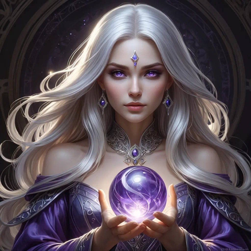 a mysterious sorceress with long silver hair and piercing violet eyes, holding a glowing orb in her hands, Highly Detailed, Half Body, Gorgeous, Stunning, Elegant by Stanley Artgerm Lau